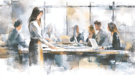 Business meeting with people working on laptop and discussing project in office, collaborative teamwork with positive energyの素材