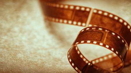 Vintage photographic film strip curled on textured surface with warm lighting creating nostalgic moodの素材