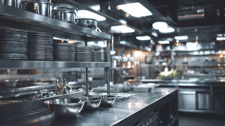 Commercial kitchen with stainless steel countertop, clean plates, bowls, and cooking utensils neatly arranged in professional environmentの素材