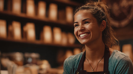Smiling woman barista coffee shop apron casual clothing warm lighting happy expression indoor young adult service industryの素材