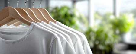White t shirt hanging on wooden hanger in bright room with green plants and window background, fresh and clean styleの素材