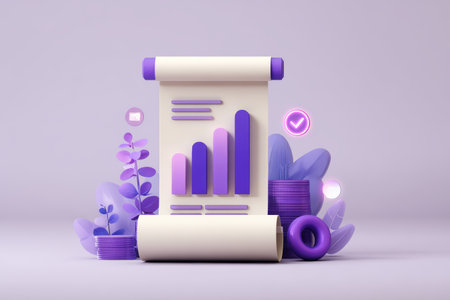 Financial report with purple bar chart and coins, surrounded by leaves and icons, symbolizing growth and success in businessの素材