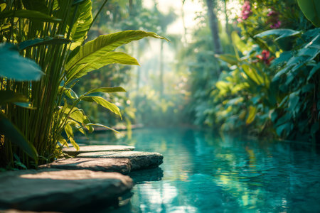 Tropical garden pool with clear blue water and lush green plants creating peaceful and refreshing natural atmosphereの素材