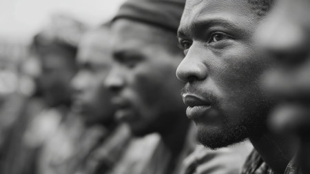 Close up of serious young man with beard in black and white, surrounded by blurred people, showing thoughtful expression and focusの素材