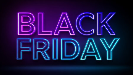 Black Friday neon sign glowing in purple and blue colors on dark background, vibrant and eye catching design for sale event promotionの素材