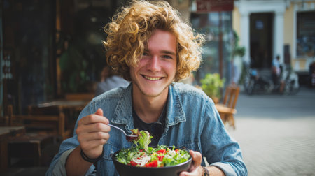 Young man smiling eating fresh salad outdoor casual denim jacket curly hair healthy lifestyle happy expressionの素材