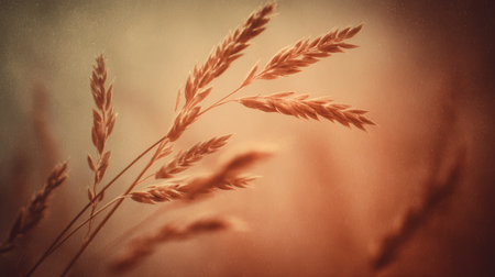 Golden wheat ears close up with soft focus and warm light creating peaceful and natural atmosphere in field during sunsetの素材
