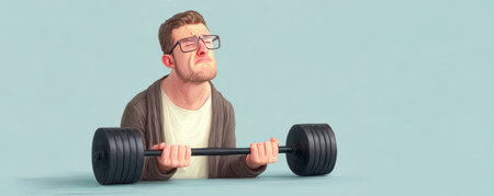 Man struggling to lift heavy barbell with multiple weight plates, showing effort and determination in fitness trainingの素材