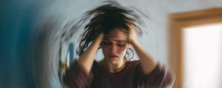 Woman stress anxiety headache blurred motion indoor emotional frustration painの素材