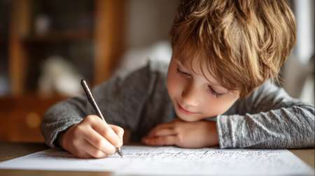 Boy child writing pen paper homework education learning indoors casual focused concentration school study desk young kid childhood home activityの素材