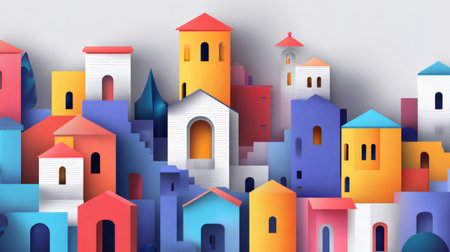 Colorful small houses with stairs and arched windows create vibrant abstract townscape with playful and cheerful atmosphereの素材