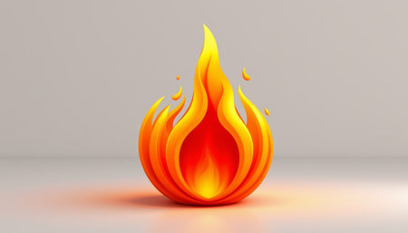 Flame fire icon with bright orange and yellow colors glowing on neutral background, symbolizing heat and energy in dynamic styleの素材
