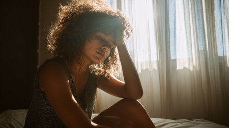 Woman sitting on bed, sunlight streaming through window, hand on forehead, curly hair, feeling tired or stressed, morning moodの素材