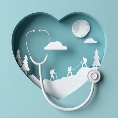 Heart stethoscope mountain hiker teamwork moon cloud tree paper art healthcare. stethoscope forms heart shape framing hikers helping each otherの素材