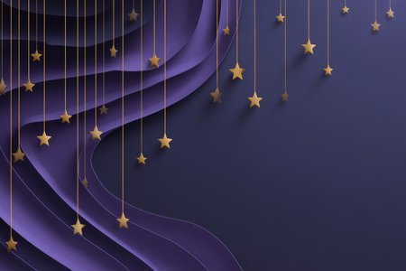 Purple wave background with gold star decoration, elegant abstract design, luxury festive mood, night sky inspiration, creative celebration conceptの素材