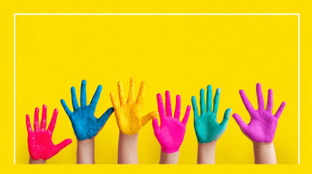 Red hand blue hand yellow hand green hand pink hand child colorful paint creativity fun happiness yellow backgroundの素材