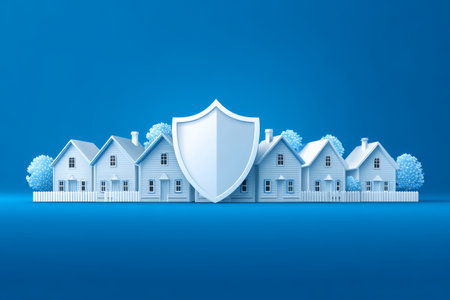 White shield house tree fence blue background protection security safety residential neighborhood insuranceの素材
