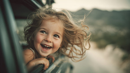 Happy child girl car travel outdoor summer wind smile adventure carefree joyful nature road tripの素材