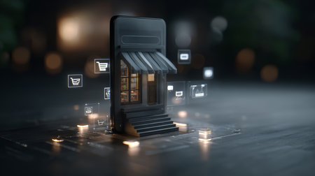 Mobile shop storefront with glowing icons, digital shopping, e commerce, online retail, technology, and modern convenience conceptの素材