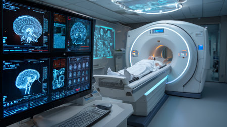 Magnetic resonance imaging brain scan medical technology hospital patient diagnostic healthcare modern equipment clinicalの素材