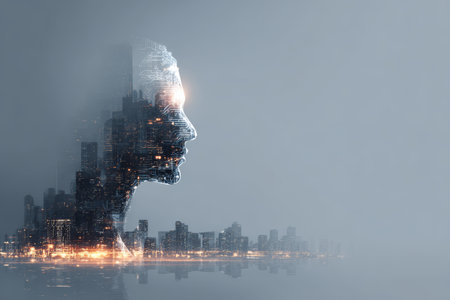 Double exposure cityscape human face silhouette technology artificial intelligence futuristic digital innovation nightの素材