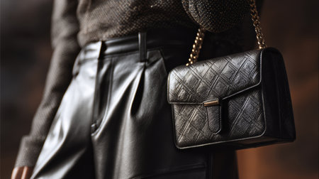 Black leather handbag gold chain quilted pattern elegant stylish woman fashion luxury closeup modern outfitの素材