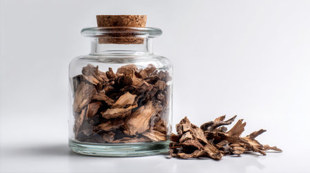 Dried mushroom glass jar cork lid preserved organic healthy ingredient isolated white background rustic styleの素材