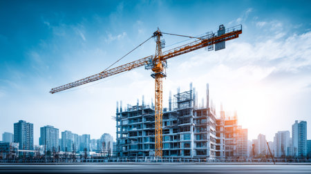 Construction site tower crane building city urban development architecture progress sunrise modernの素材