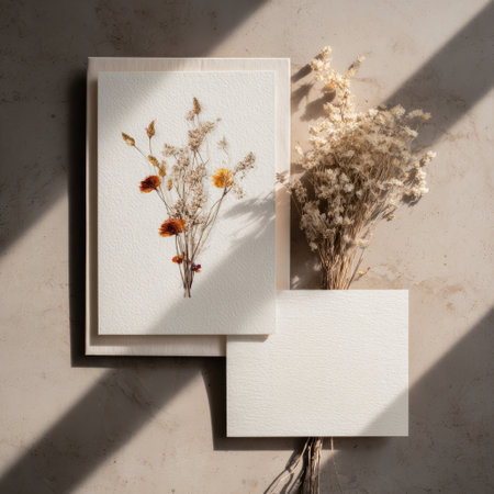 Dried flower arrangement, textured paper, natural sunlight, minimalistic style, warm tone, blank card, creative invitationの素材