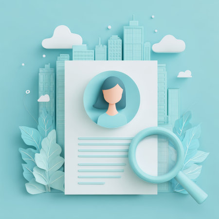 Resume profile magnifying glass cityscape cloud leaf paper and woman illustration in blue pastel color modern and clean styleの素材