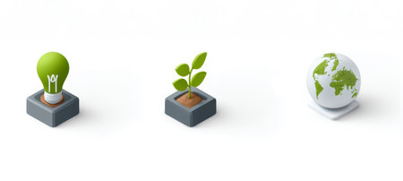 Green light bulb, plant sprout, and globe symbolize eco friendly innovation, sustainability, and global environmental awarenessの素材