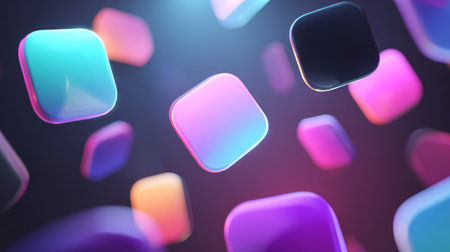 Floating colorful square shapes glowing neon light abstract background futuristic digital vibrant creative modern dynamicの素材