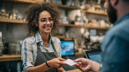 Smiling barista curly hair glasses plaid shirt apron handing card to customer cozy cafe friendly atmosphereの素材