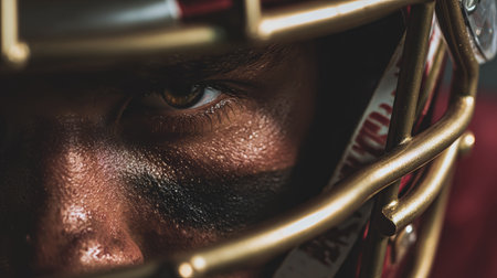 Intense determined football player closeup helmet eye face black paint Focused football player closeup with intense eye black face paintの素材