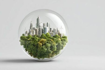 City skyscraper forest glass sphere wind turbine urban green environment sustainability modern architecture nature eco clean energy futuristicの素材