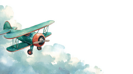 Vintage green biplane flying above soft watercolor clouds, whimsical and dreamy sky scene, nostalgic travel adventureの素材