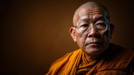 Bald elderly Asian monk wearing orange robe and round eyeglasses, calm expression, studio lighting, brown backgroundの素材