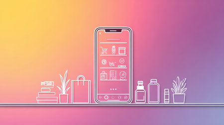 Mobile shopping illustration with smartphone, shopping bag, books, plants, and bottles on colorful gradient background, modern and cheerfulの素材