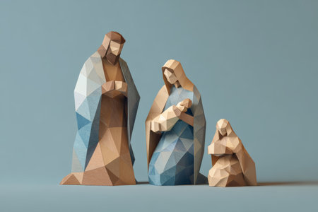 Geometric nativity scene figurines, wooden texture, blue and beige tones, holy family, modern minimalist styleの素材
