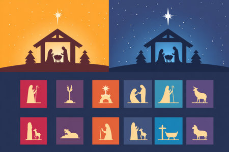Nativity scene silhouette holy family shepherd angel star and animals Christmas religious icon set peaceful night skyの素材