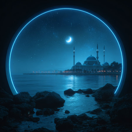Mosque night crescent moon star sea reflection blue illuminated silhouette peaceful peaceful night scene with mosque silhouette crescent moonの素材