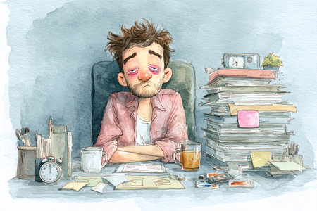 Tired man messy desk paperwork coffee cup alarm clock exhausted expression office stress fatigue disorganized workspace overworkedの素材