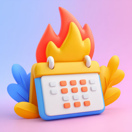 Hot calendar with flame, blue and yellow leaf, pink background, 3D illustration, urgency, important date, creative conceptの素材