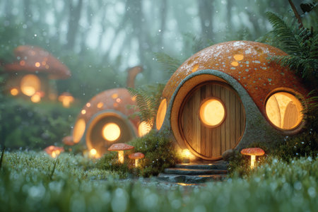 Mushroom house round door glowing window forest fantasy magical whimsical night moss fairy taleの素材