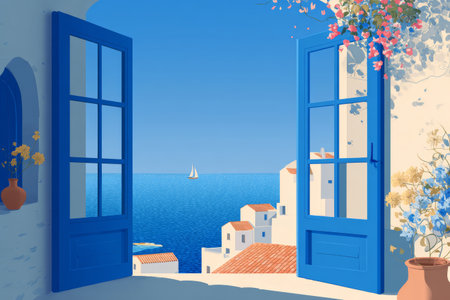 Open blue window white wall sea view sailboat Mediterranean village terracotta roof summer flower peaceful sunnyの素材