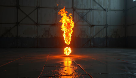 Fiery exclamation mark glowing symbol fire dramatic industrial warehouse floor Fiery exclamation mark glowing with intense energy industrialの素材