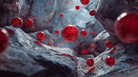 Red spheres float among textured gray rocks, creating surreal, mysterious, and dynamic abstract scene with sense of depth and energyの素材