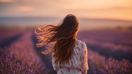 Woman long hair floral dress lavender field sunset summer nature peaceful outdoor landscape. woman with flowing hair stands lavender field sunsetの素材