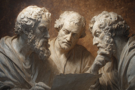 Three elderly men with beards study ancient document, deep in thoughtful discussion, surrounded by dramatic lighting and classical styleの素材