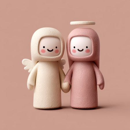 Cute angel and friend figurines with smiling faces, pastel colors, holding hands, minimal style, joyful and heartwarming sceneの素材